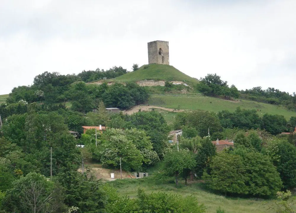 La tour médiévale d'Albon au sommet d'une colline boisée